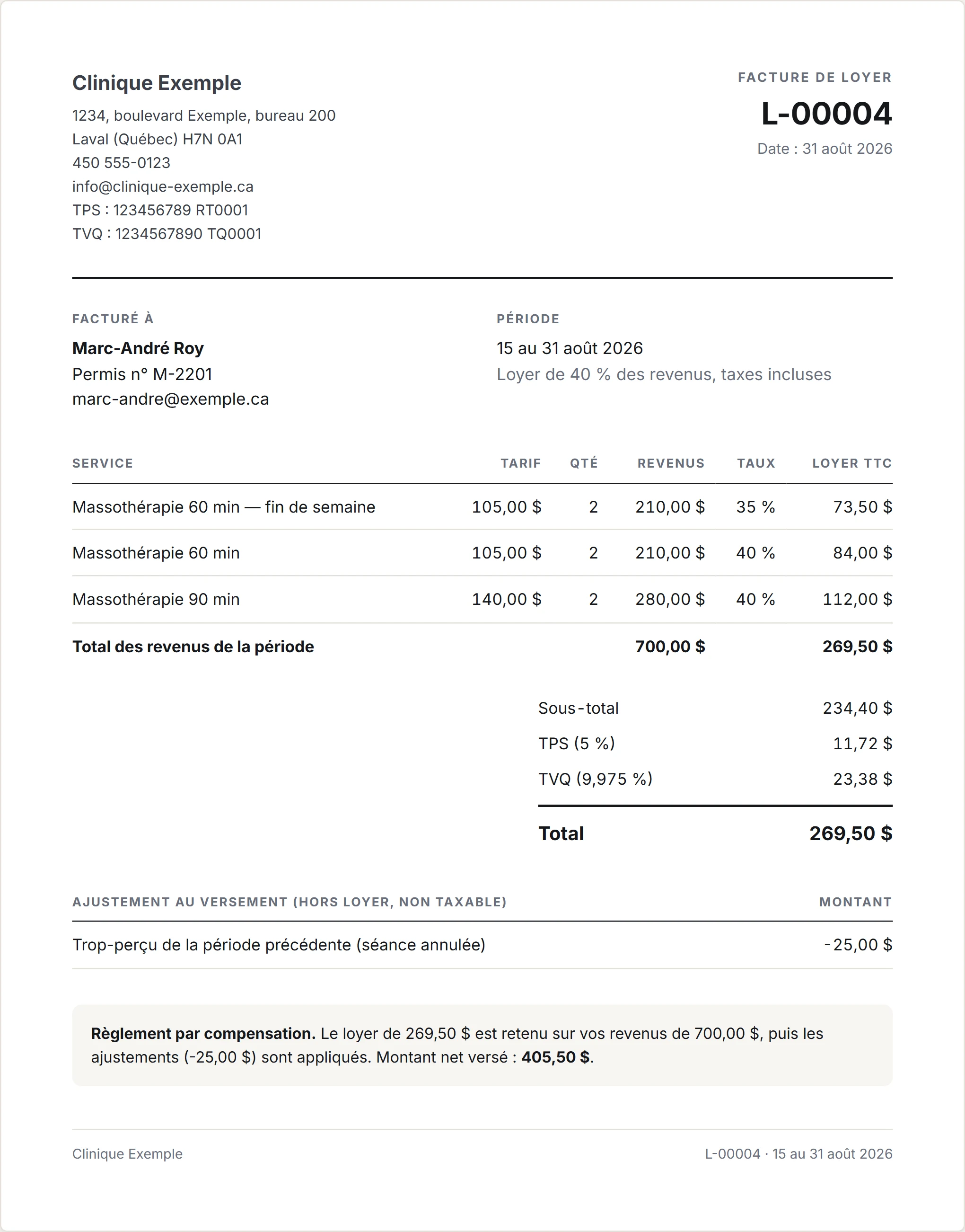 Exemple de facture de loyer de la Clinique Exemple pour Marc-André Roy (données fictives)